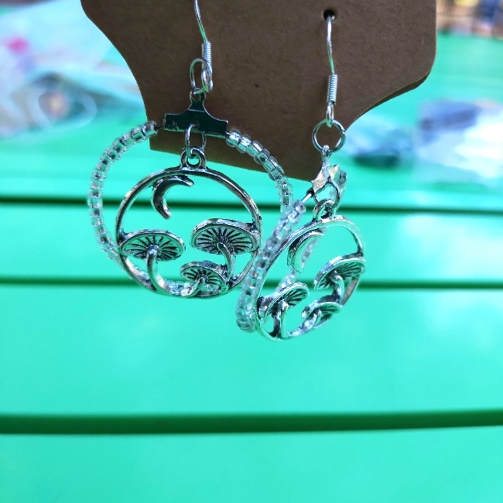 Silver mushroom and Moon beaded earrings Madebycj